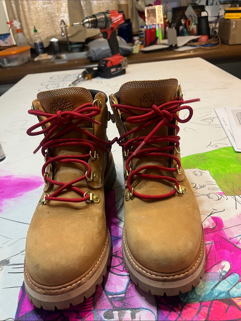 Timberland Wheat Brown Boots with Red Laces